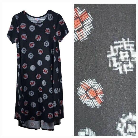 LuLaRoe Carly Dress XS 2/4 Black Floral Geo Print Jersey Knit Swing - Picture 11 of 11